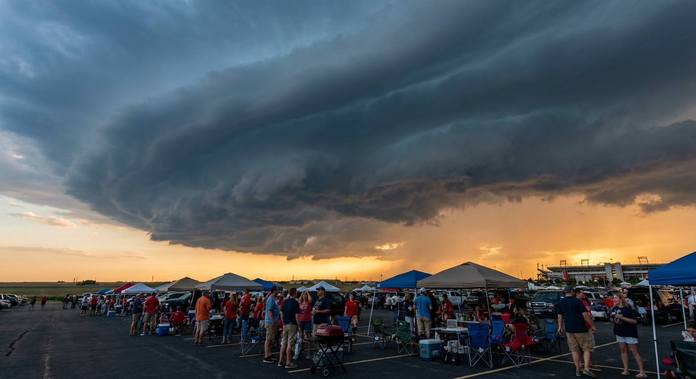 A shelf cloud advances over a parking lot full of tailgate tents and grills, late afternoon golden-hour light behind the cloud, cool blue-gray storm shadow spreading across the foreground, wide low-angle establishing shot