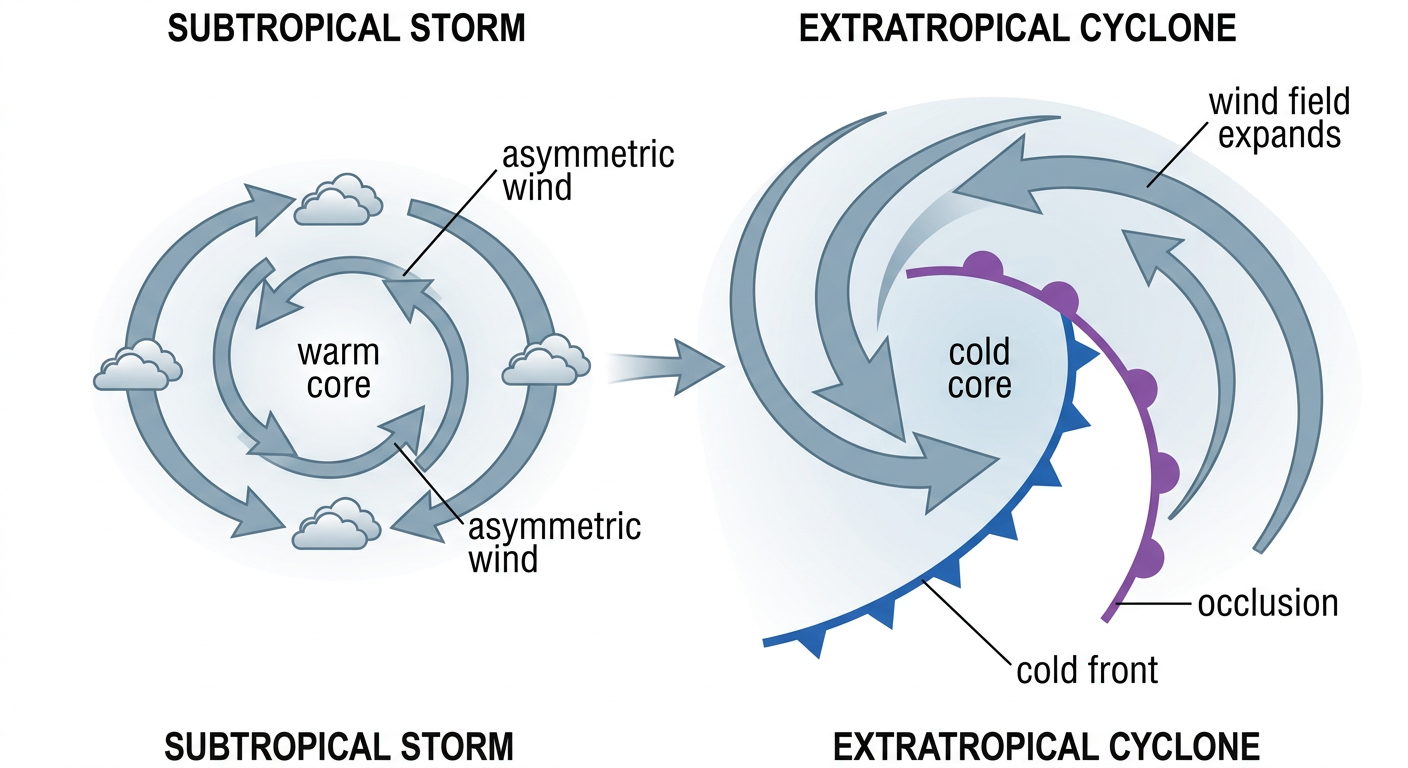 A cutaway diagram showing a subtropical storm transitioning into an extratropical cyclone, with labeled warm core versus cold core structure, frontal boundaries, and wind field asymmetry, clean educational style with arrows and text labels, cool blue and gray color palette