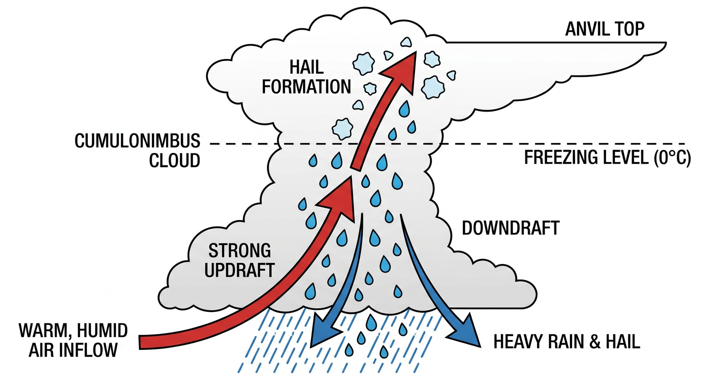 Diagram showing how strong updrafts suspend hailstones high in a thunderstorm until they reach hen-egg size