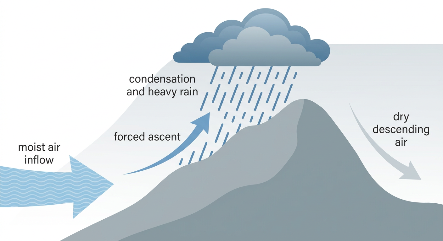 Cross-section diagram showing moist air flowing up and over a mountain range, condensing into heavy rain clouds on the windward slope, labeled with arrows for rising moist air, orographic lift, and heavy rainfall zone