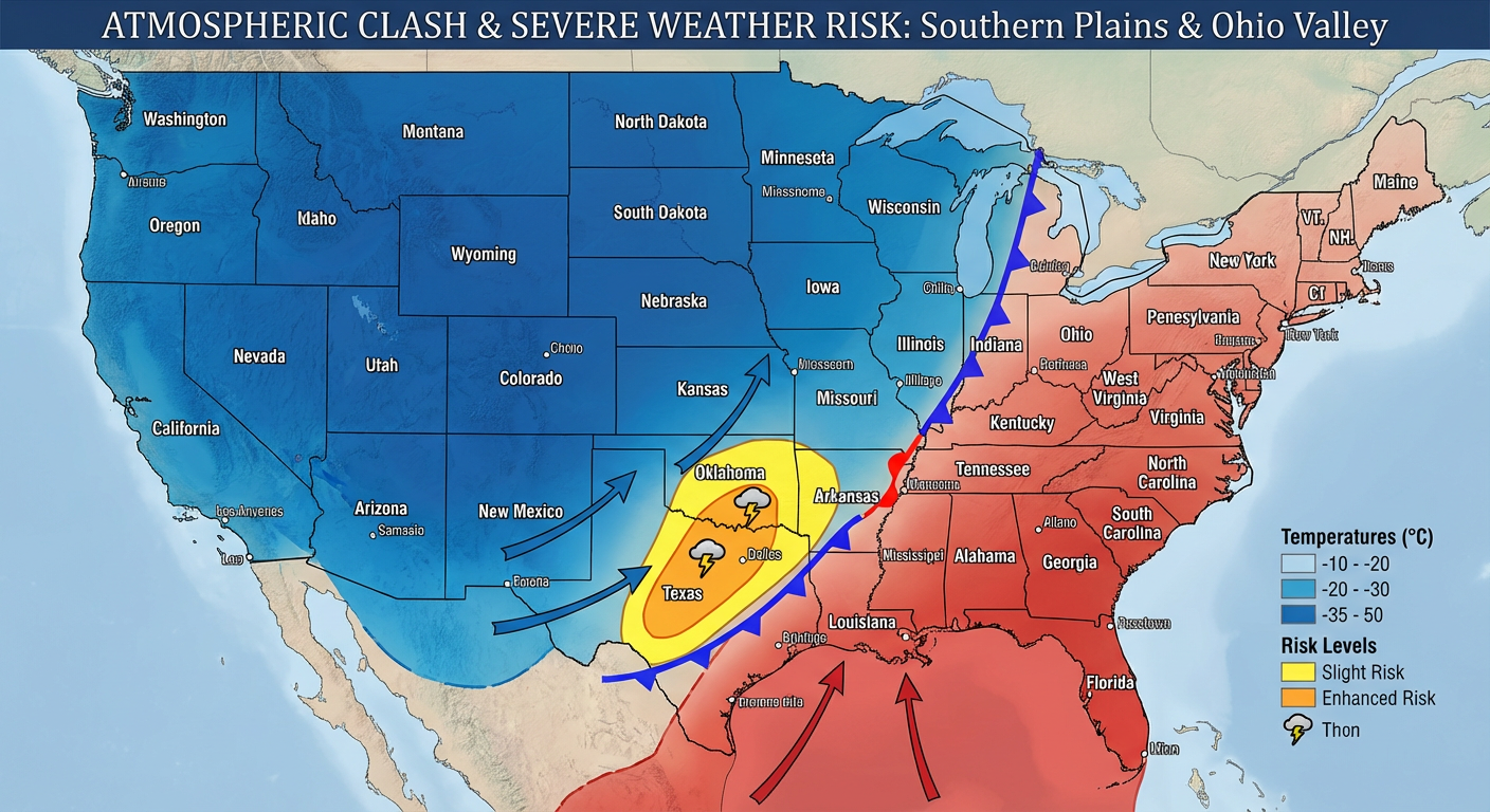 Map showing severe weather risk areas over the Southern Plains with clashing air masses