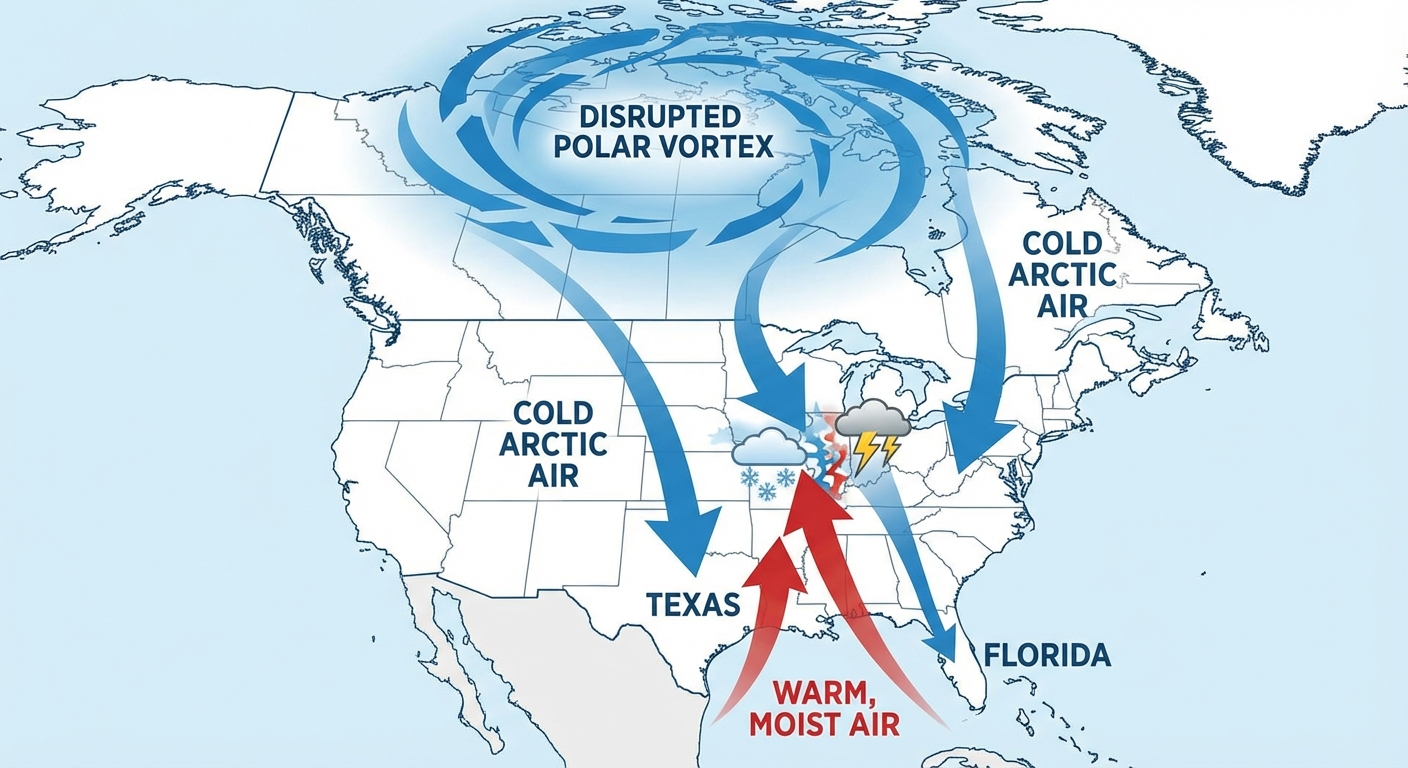 Polar vortex disruption diagram showing cold Arctic air spilling southward into the US while warm air pushes northward