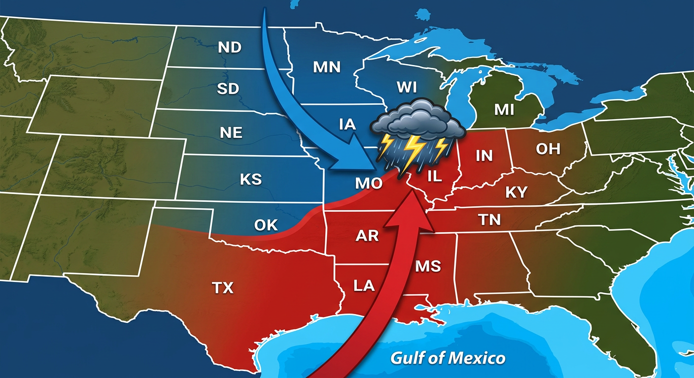 A clean, stylized map of the central United States showing a clash of air masses. A red arrow sweeps up from the Gulf of Mexico representing warm, moist air, colliding with a blue arrow dropping down from Canada over the Midwest. A burst graphic in the middle over Illinois and Missouri represents the severe weather threat zone. No text, no logos, clean vector style.