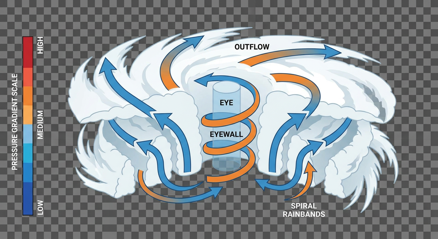 Cross-section diagram of a mature hurricane showing the eye, eyewall, and spiral rainbands, with labeled wind speed and pressure arrows