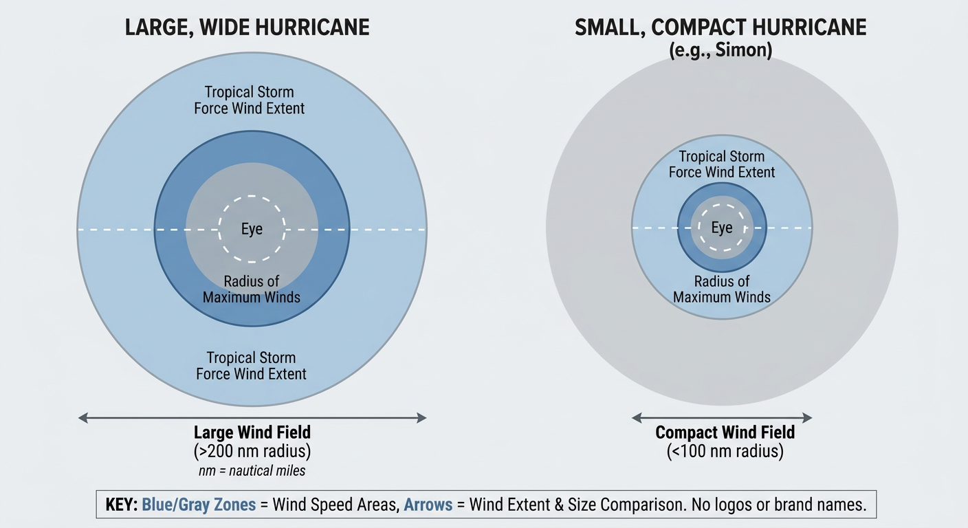 Cross-section diagram comparing a large, sprawling hurricane wind field against a small, compact hurricane wind field, showing radius of maximum winds and tropical-storm-force wind extent with labeled distance scales, clean educational infographic style, no text logos